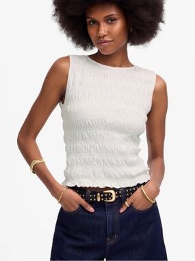 MADEWELL Women's Smocked Boatneck Tank White Cottagecore Feminine Size Medium